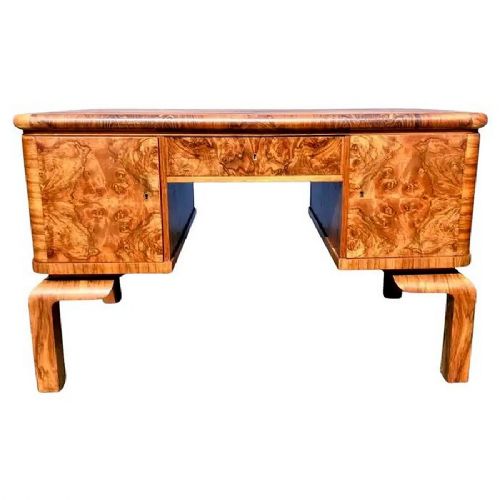 art deco stylish figured walnut desk c1930