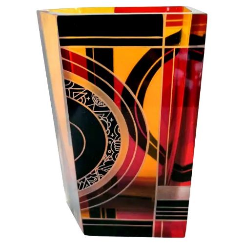 art deco tall geometric enamel decorated glass vase c1930