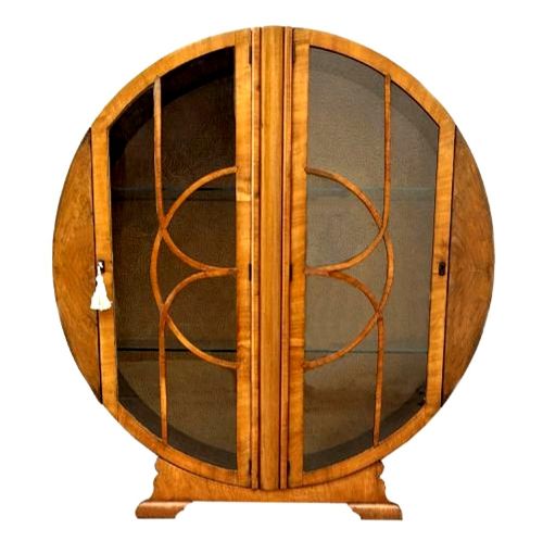 art deco figured walnut circular display cabinet c1930