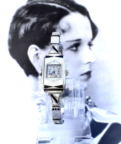 art deco ladies geometric enamel wrist watch by elgin fully serviced c1933