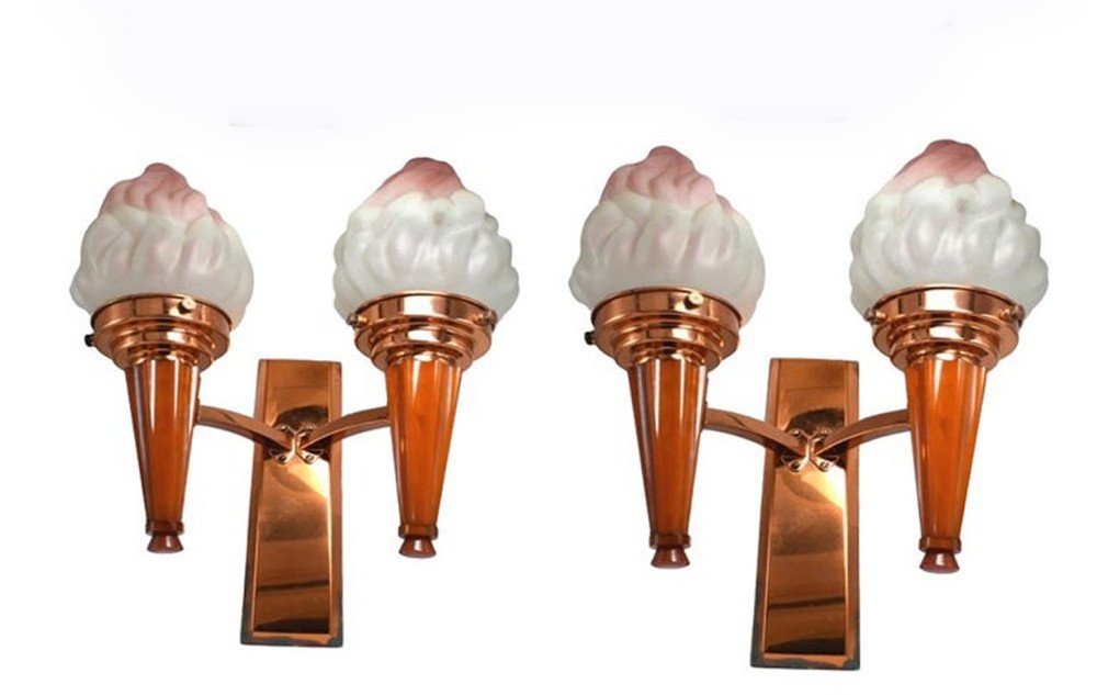 art deco pair of matching flame wall light sconces circa 1930's