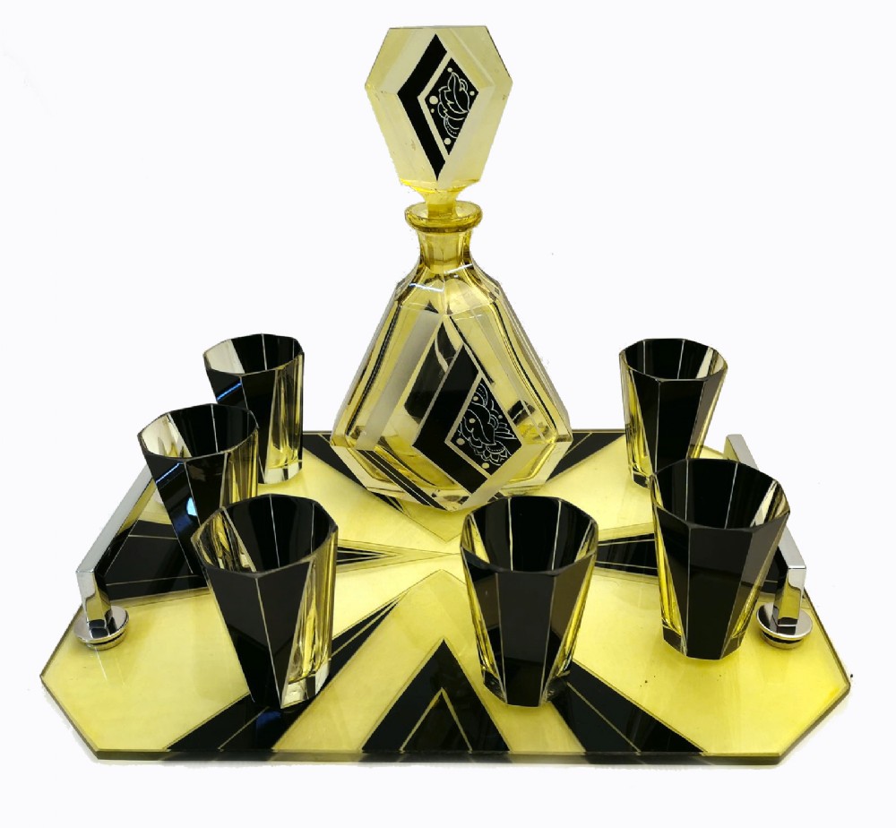 art deco czech glass decanter set on matching tray