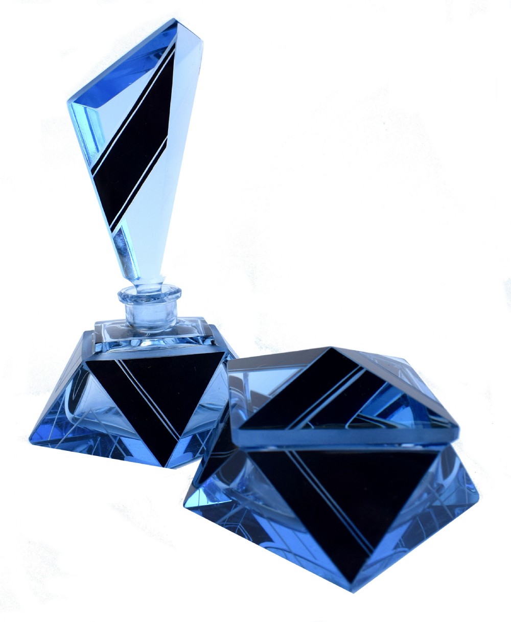 art deco blue glass perfume bottle powder box