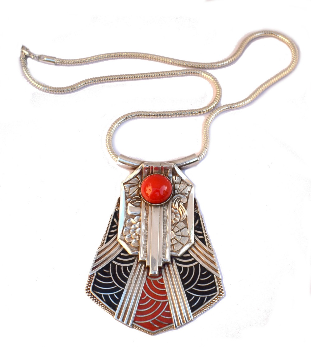 art deco style modernist silver plated and enamel necklace