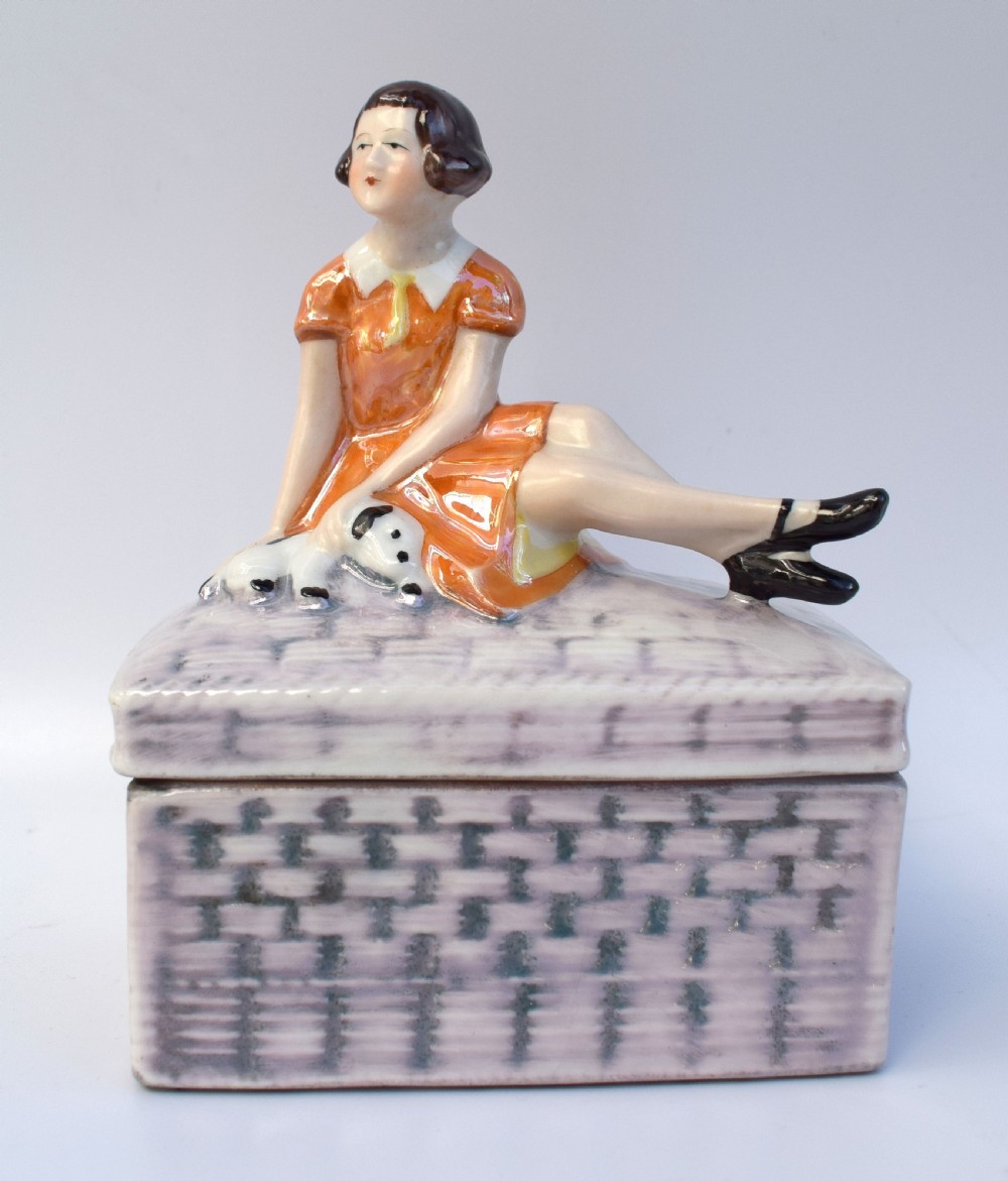 art deco girl puppy dog trinket box c1930s