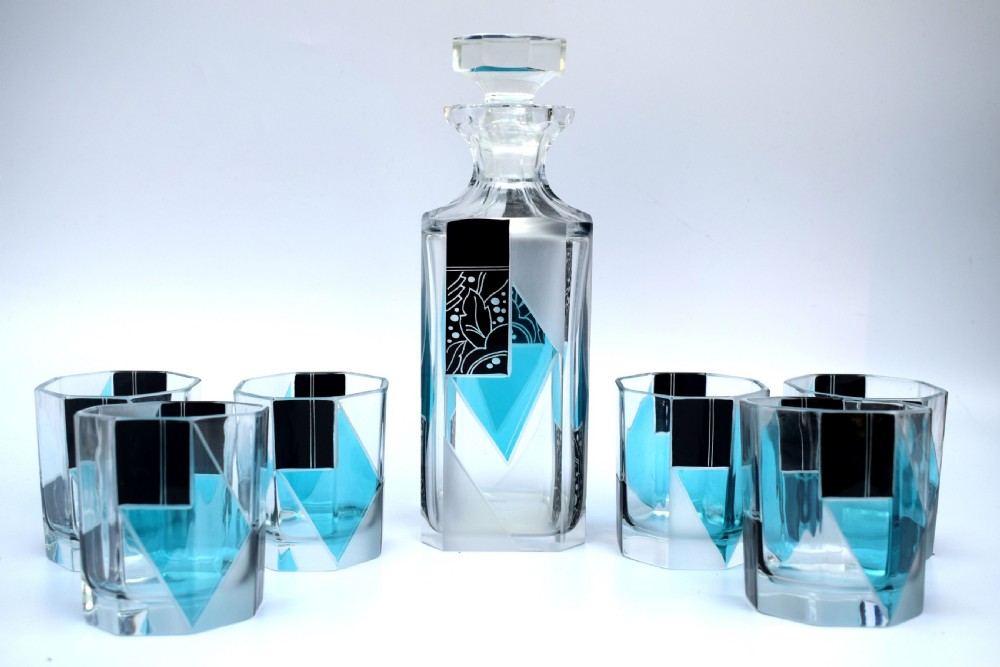 art deco blue black enamel glass decanter set c1930