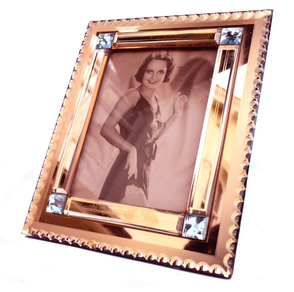 art deco original peach mirrored bevelled glass picture frame c1930