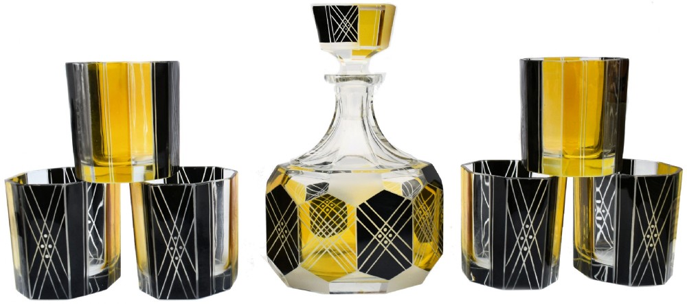 art deco czech glass whisky decanter set