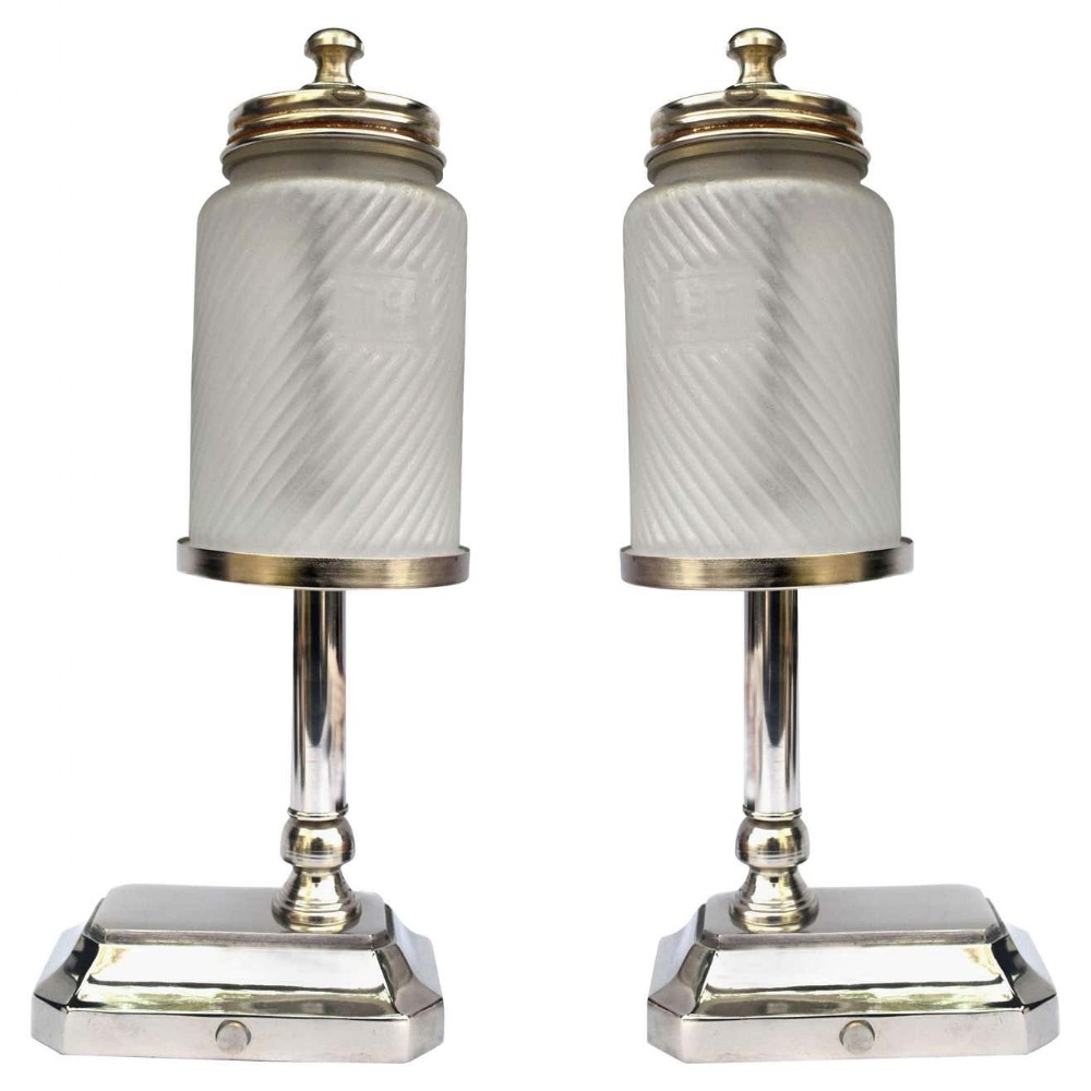 art deco style matching pair of chrome and glass table lamps