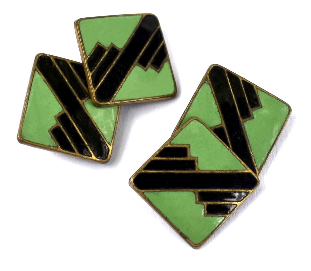 art deco gents green black enamel cufflinks c1930