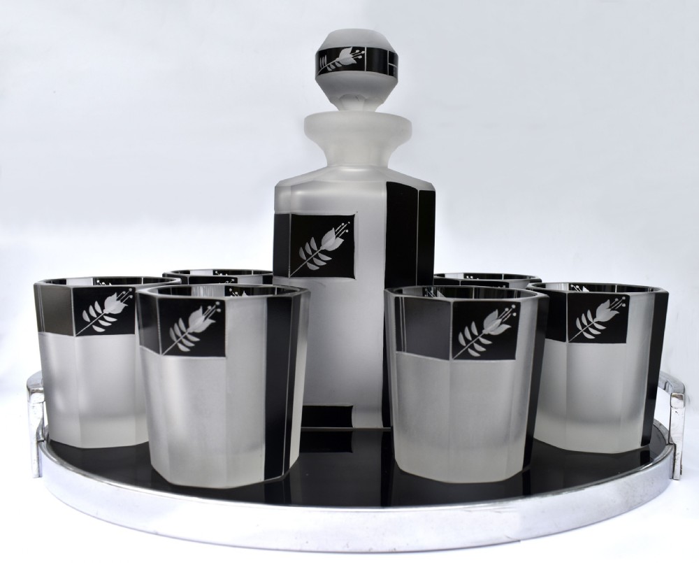 art deco glass and enamel decanter set c1930