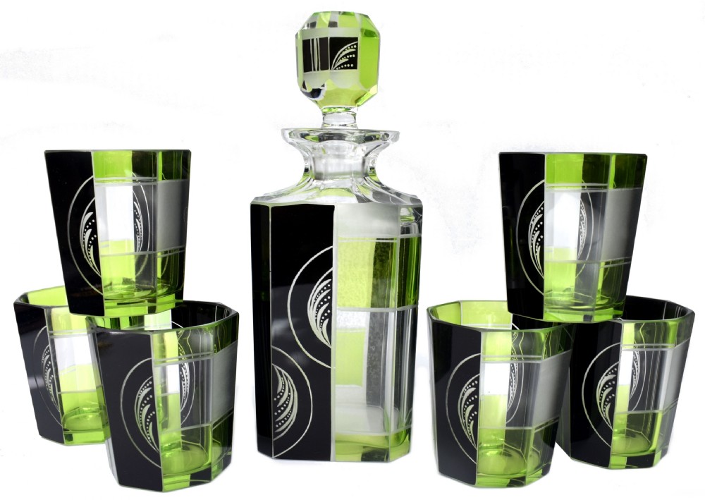 art deco czech glass whisky decanter set