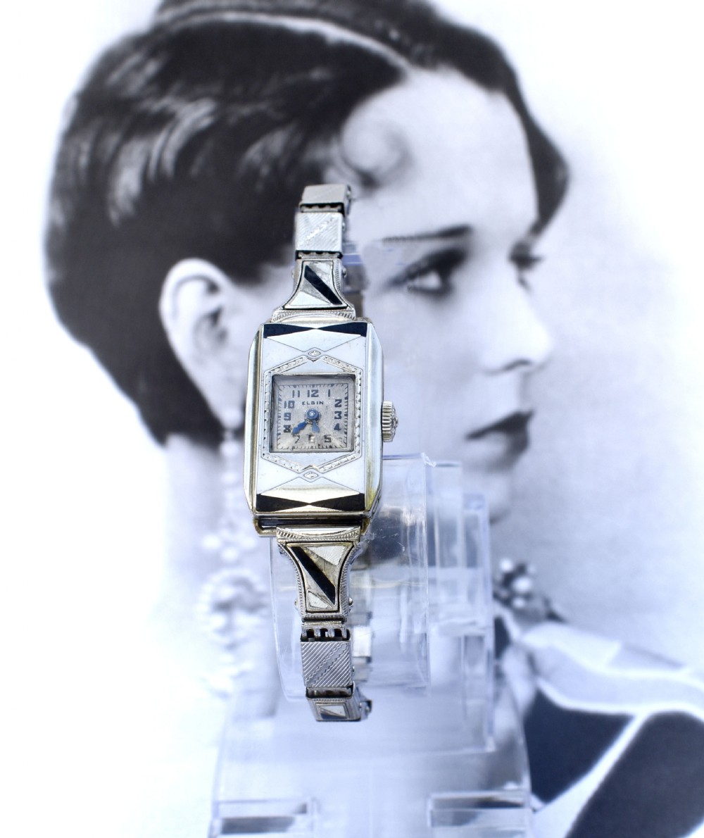 art deco ladies geometric enamel wrist watch by elgin c1933