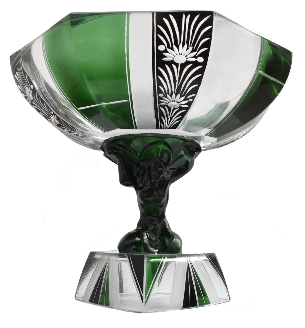 art deco large czech cut glass comport c1930