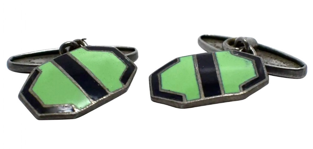 art deco gents english green black enamel cufflinks c1930