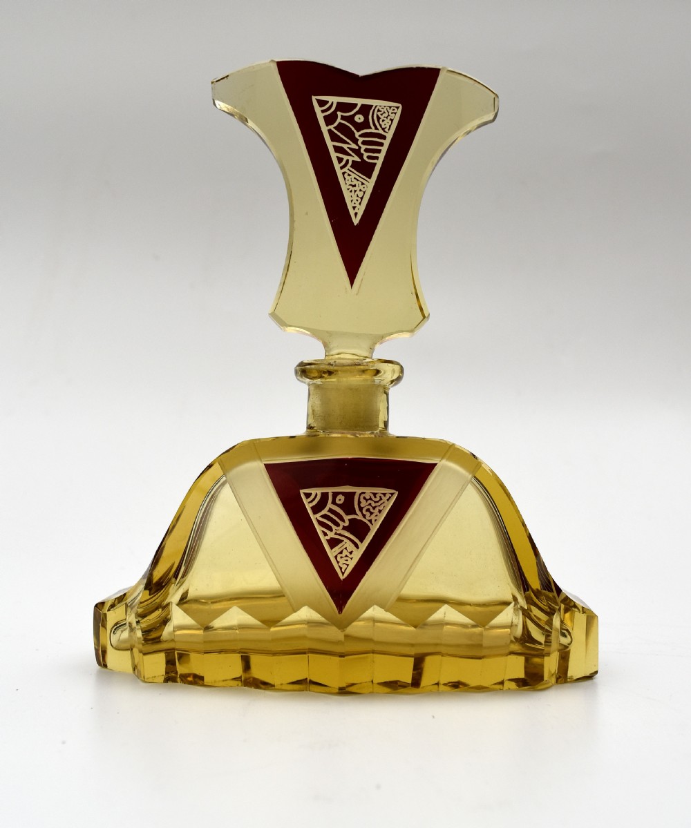 art deco amber coloured glass perfume bottle by karl palda c1930s