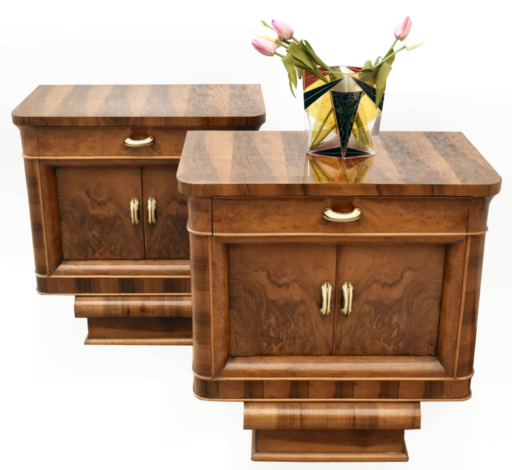 art deco italian matching pair of walnut bedside cabinets c1930