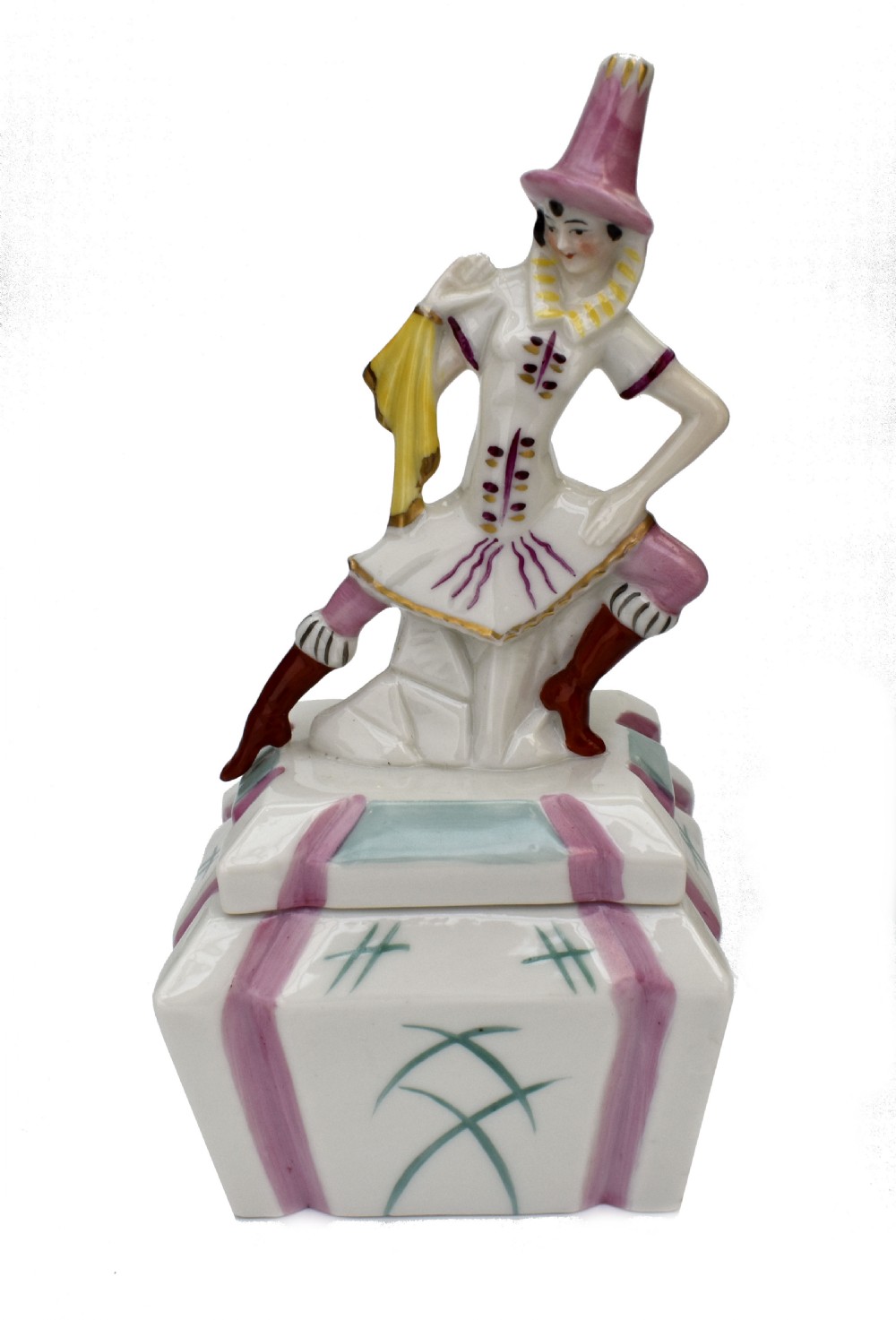 art deco rare porcelain jester powder trinket box german c1930