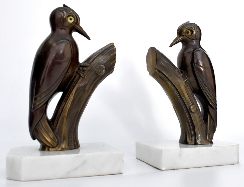 art deco pair of woodpecker bookends french c1930