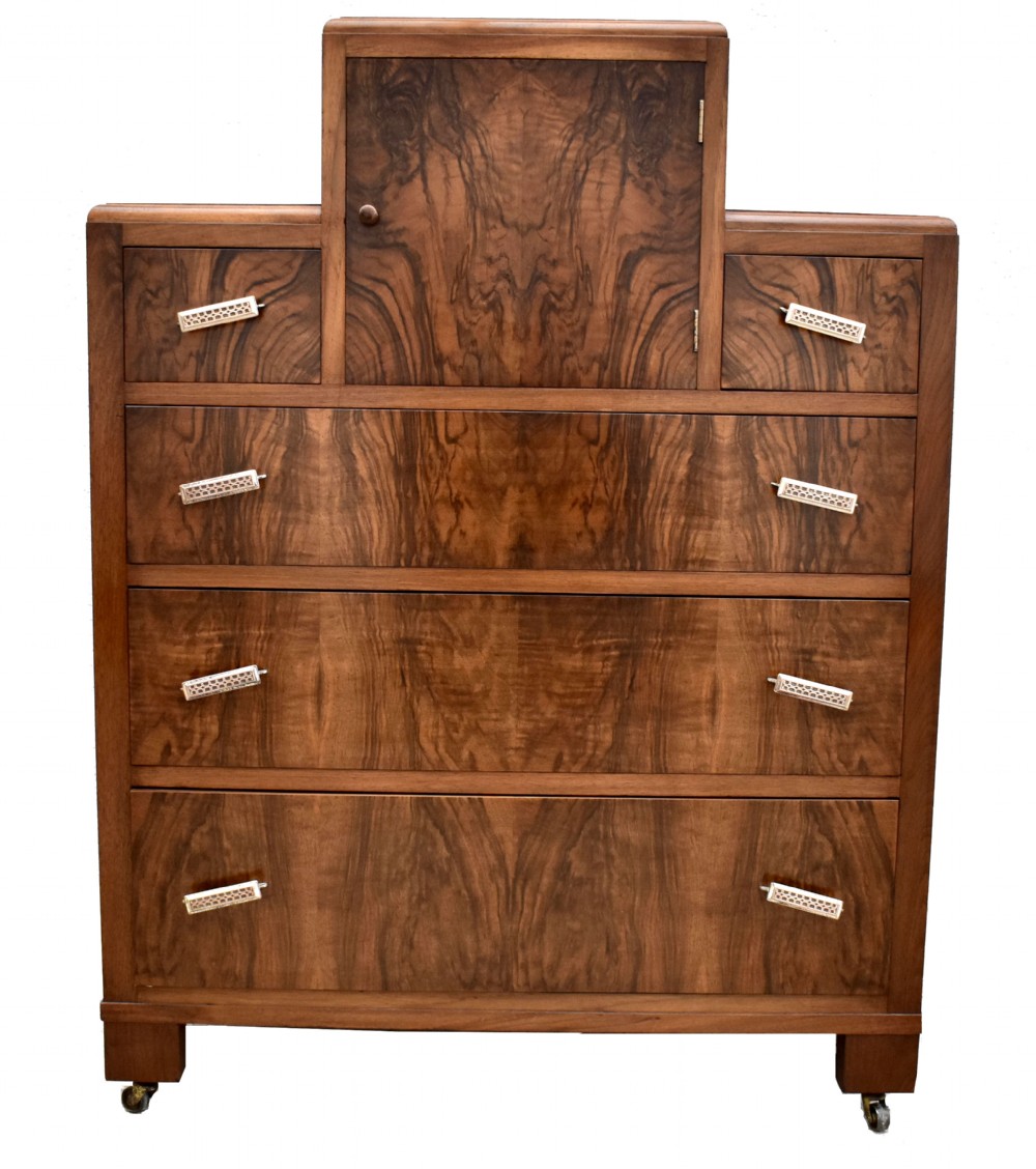 art deco english burr walnut chest of five drawers c1930's