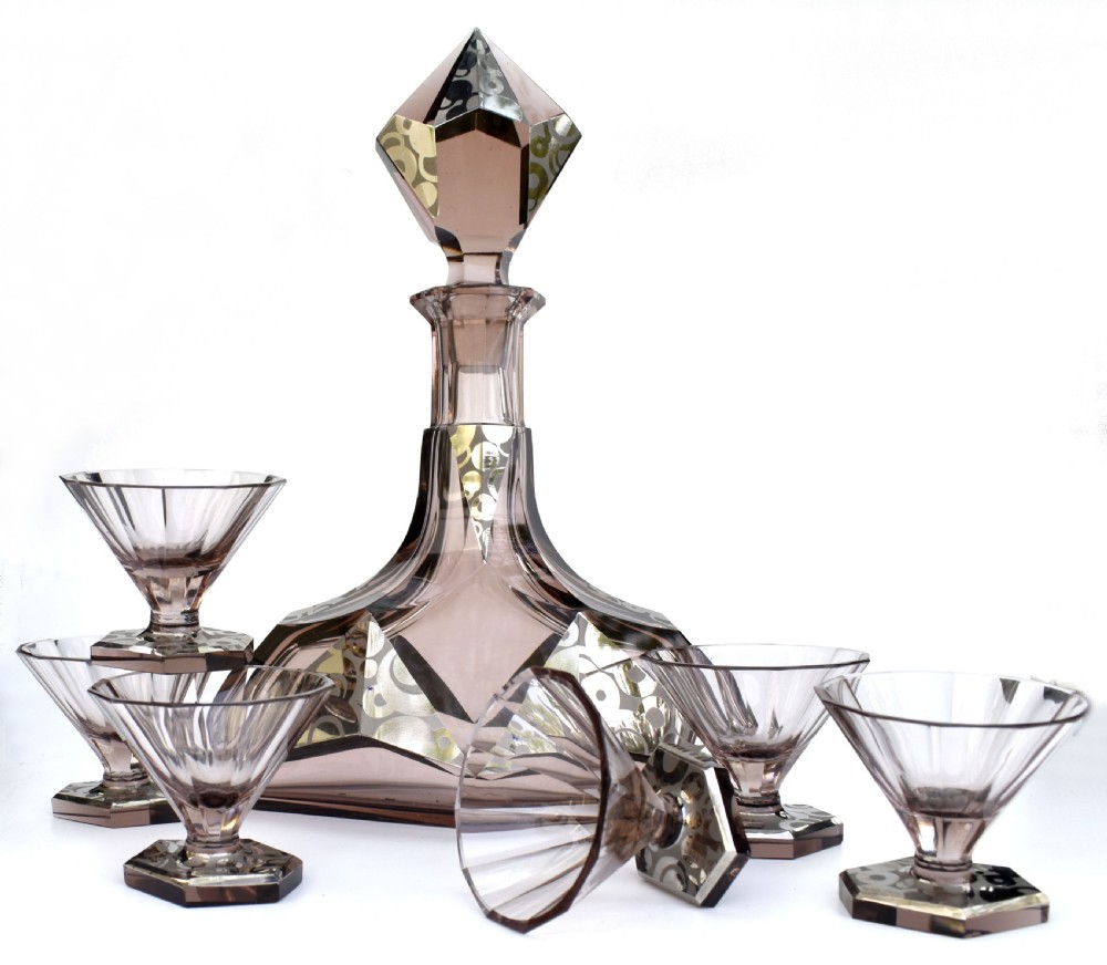 art deco czech glass 7 piece decanter set c1930