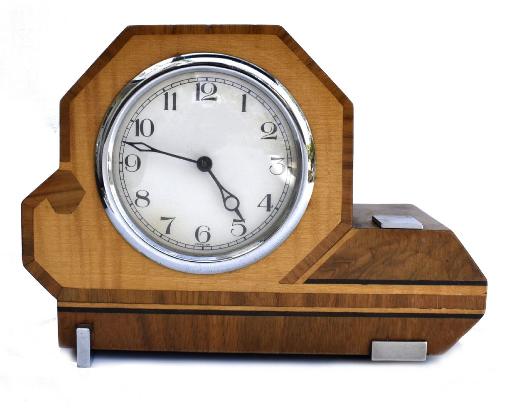 art deco geometric two tone wooden mantle clock english c1930