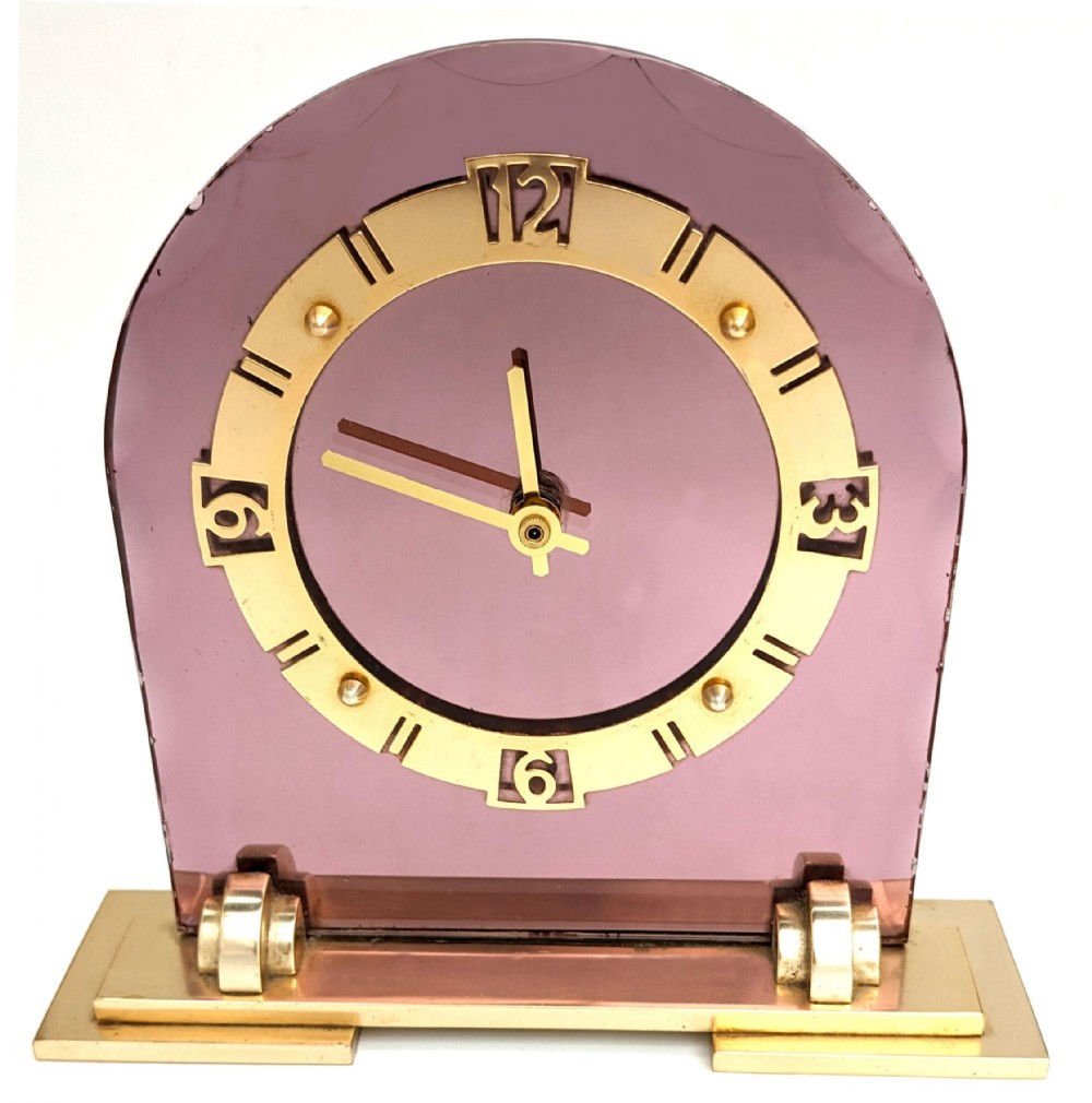 art deco pink mirror glass brass clock english c1930