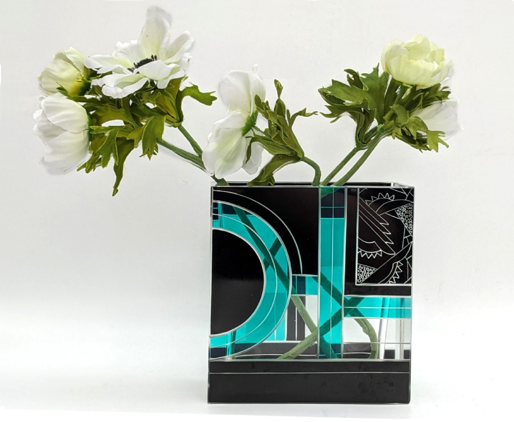 art deco square glass enamel etched vase karl palda c1930