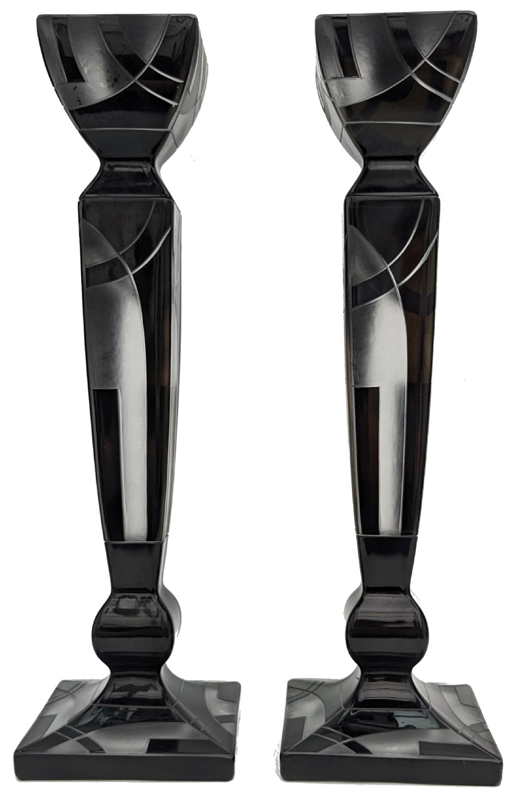 art deco matching pair of czech glass geometric candlesticks c1930