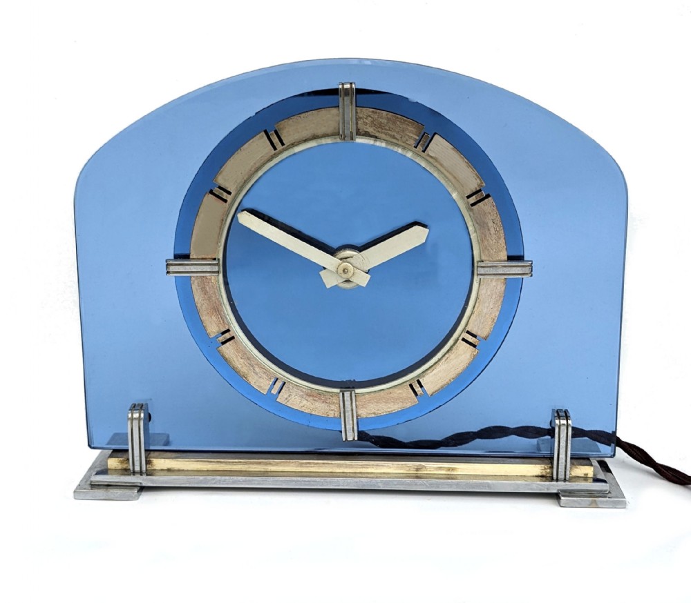 art deco smiths blue glass brass electric mantle clock c1930