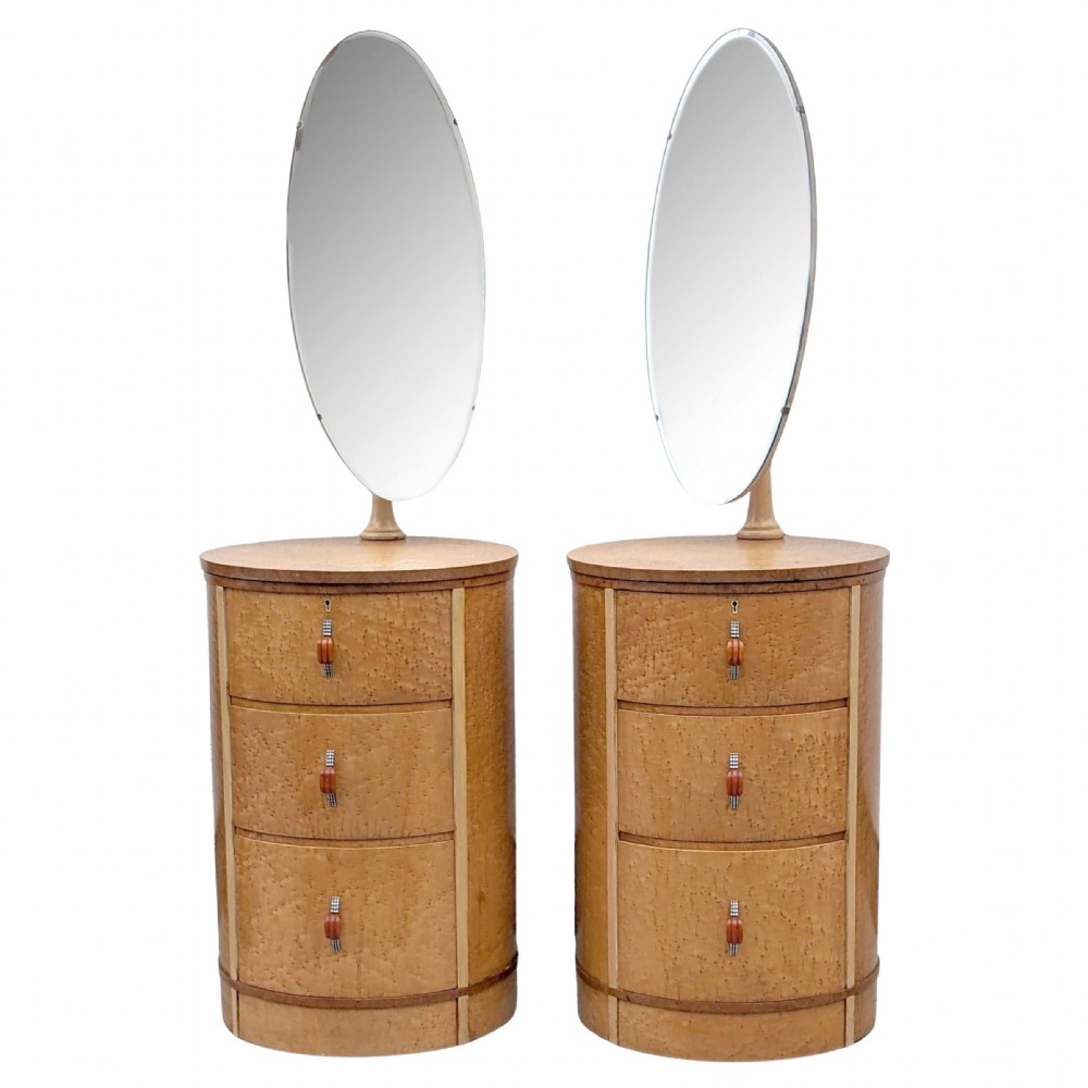 art deco drum shaped maple bedside tables with mirrors c1930