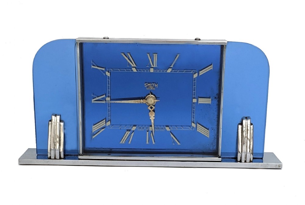 art deco blue glass chrome clock