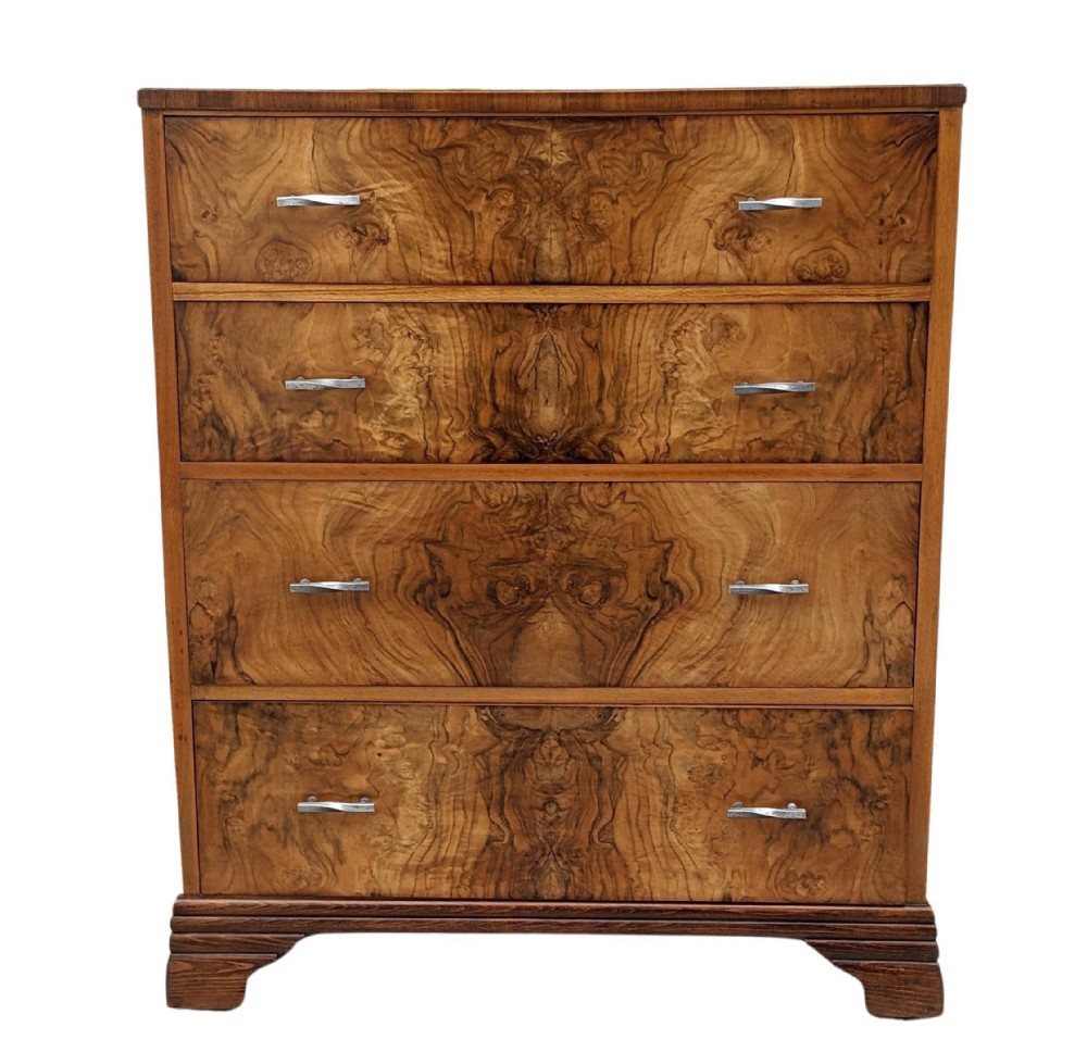 art deco burr walnut chest of four drawers c1930's