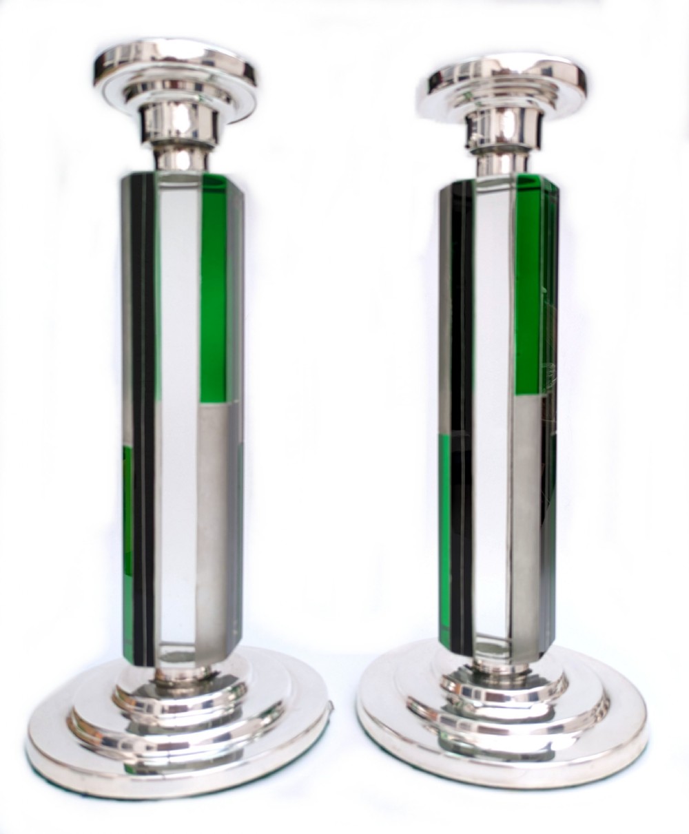 art deco matching pair of nickelsilver glass candlesticks c1930