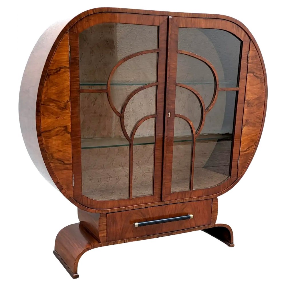 art deco stylish display cabinet in walnut english 1930s