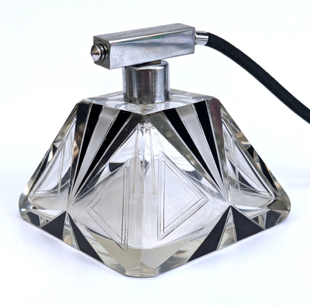 art deco large ladies cut glass perfume atomizer bottle c1930