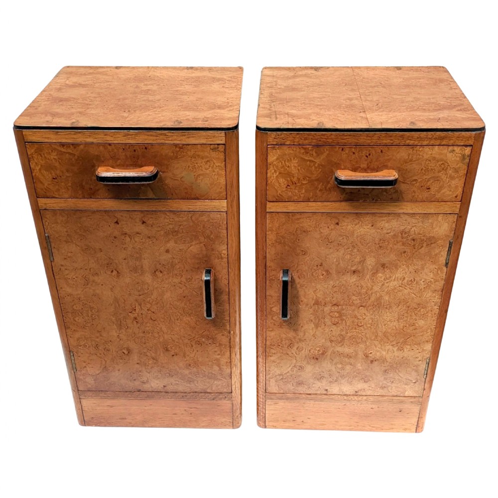 art deco pair of blonde maple bedroom bedside cabinets