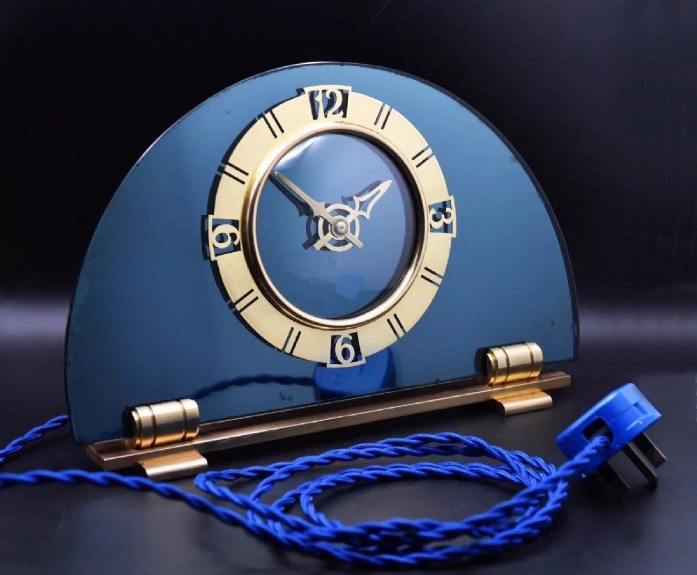 art deco blue glass brass electric mantle clock by smiths c1930