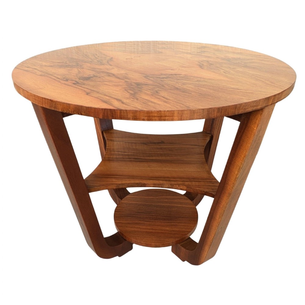 art deco circular walnut occasional three tier table circa 1930