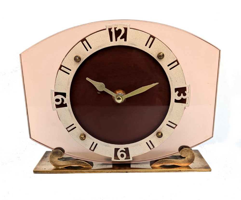 art deco pink glass mantle clock by smiths clocks ltd