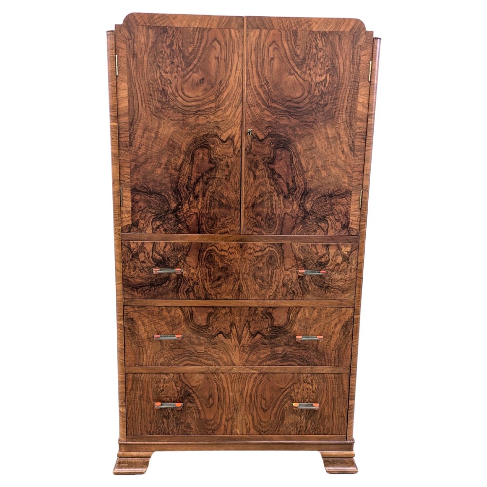 art deco stylish figured walnut tallboy c1930