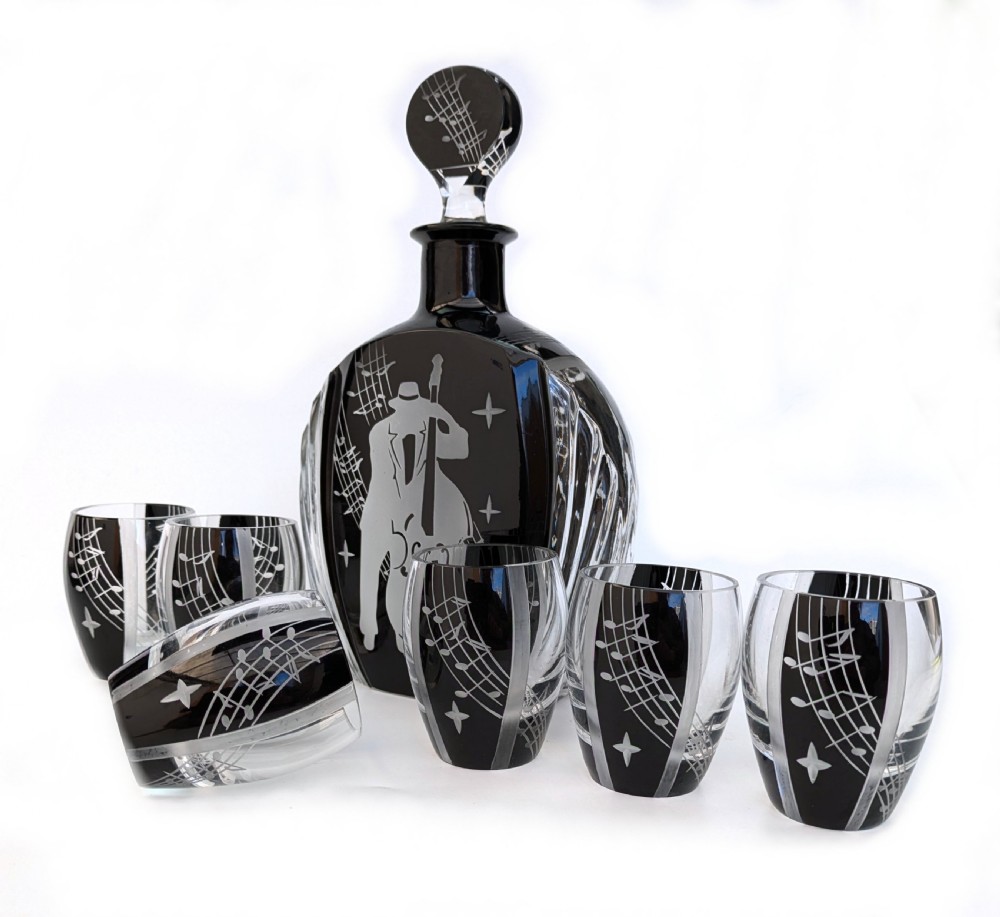 art deco 'jazz man' glass decanter set with 6 matching glasses c1930