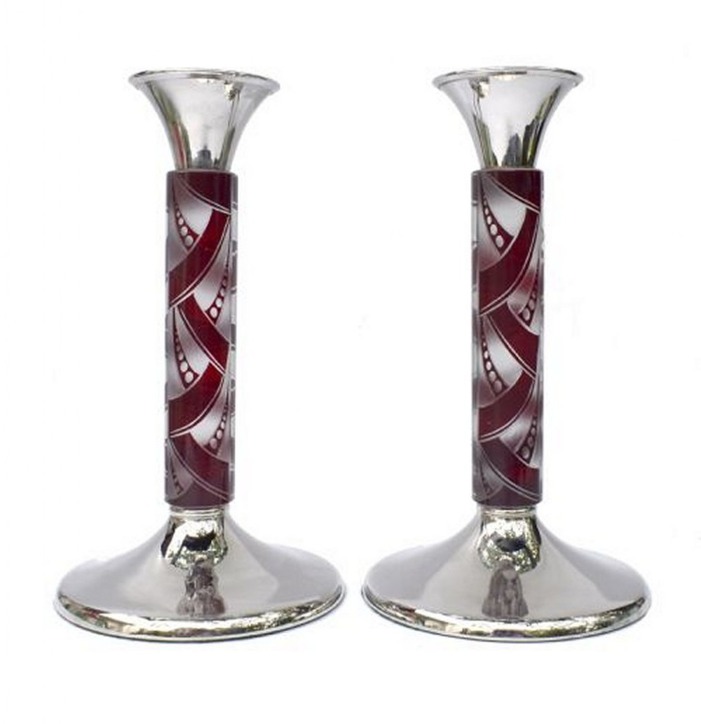 art deco matching pair of nickelsilver glass candlesticks c1930