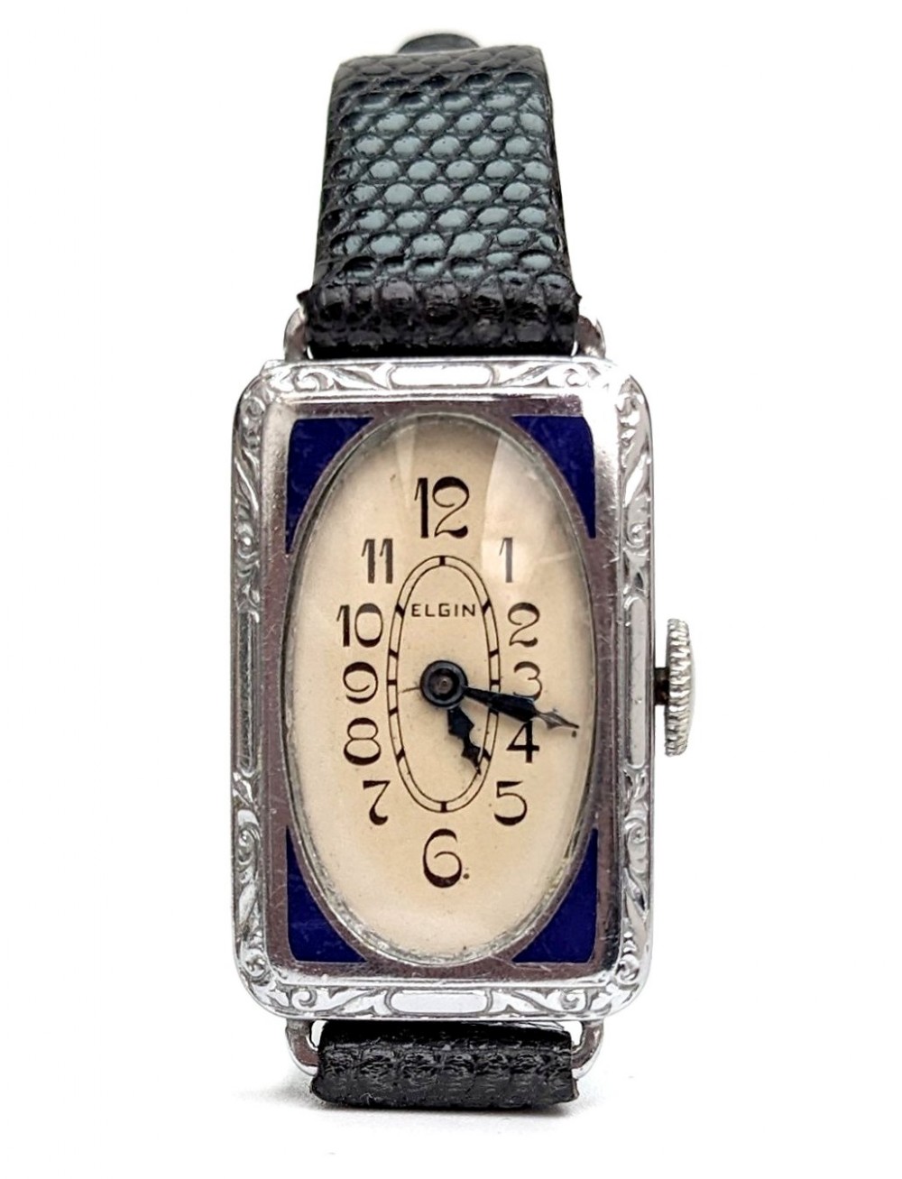 art deco blue enamel white gold ladies watch by elgin serviced c1928