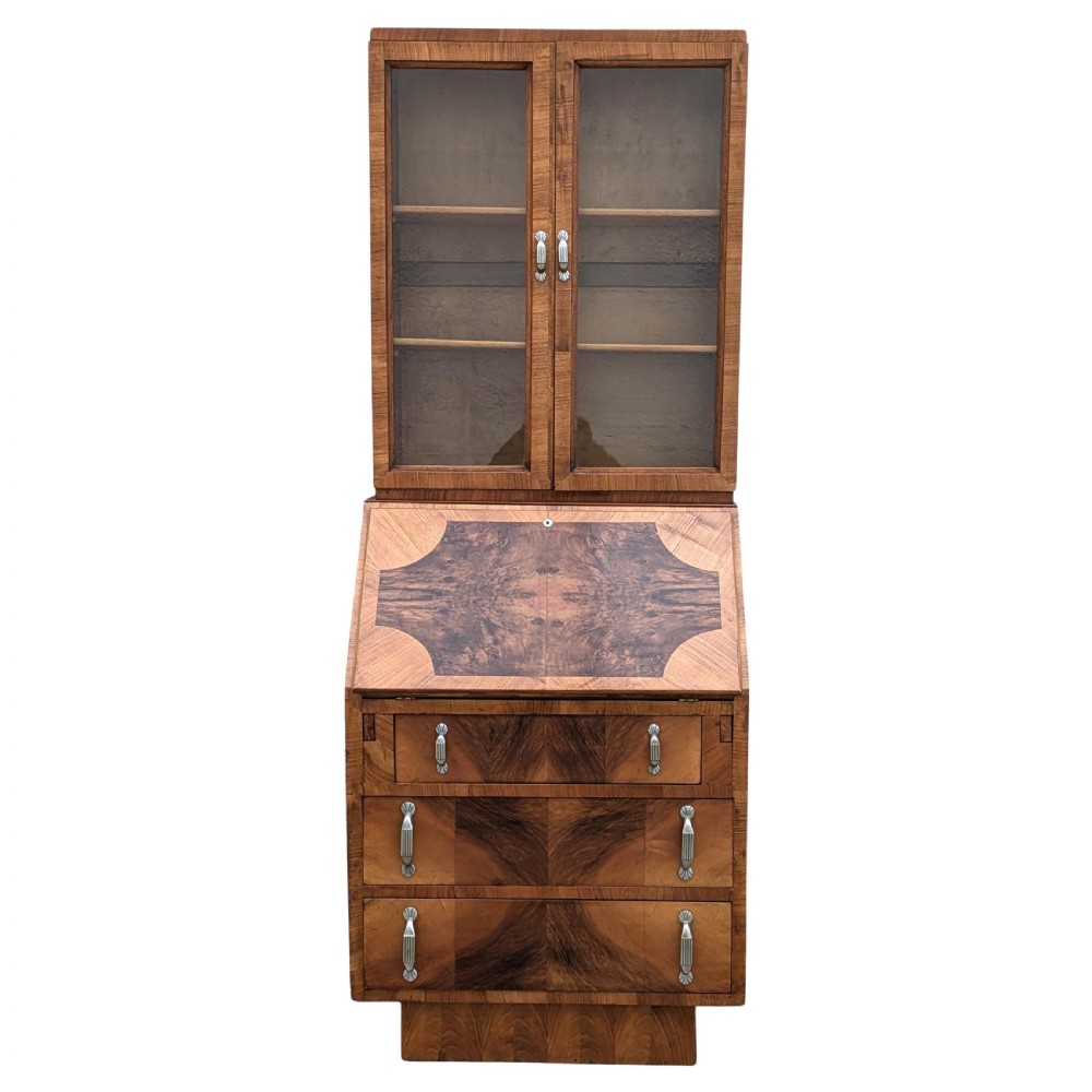 art deco walnut upright glazed bookcase bureau c1930