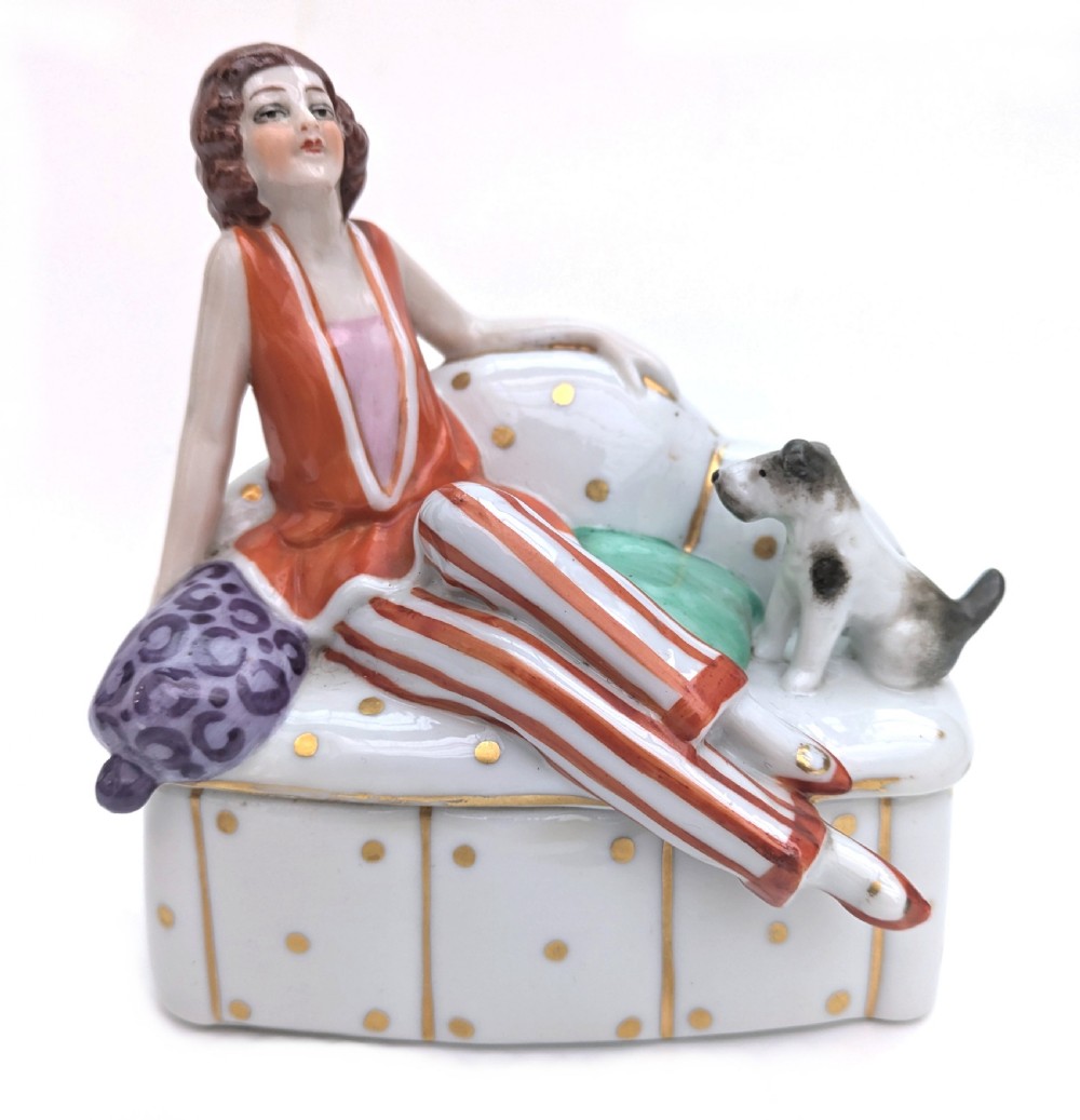 art deco flapper girl dog ceramic powder box bowl c1930's