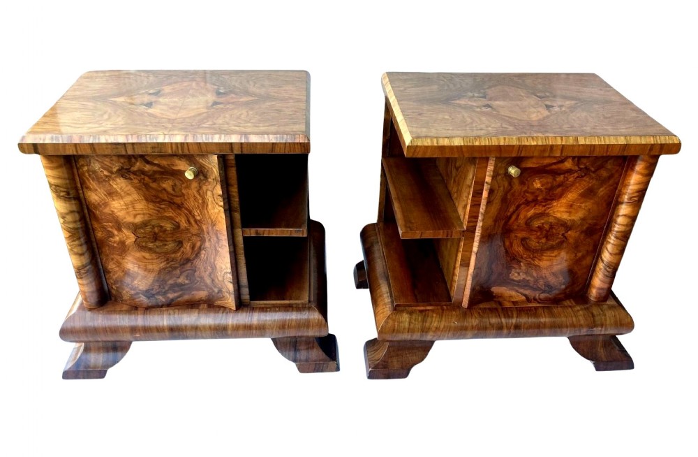 art deco matching pair of walnut bedside cabinets french c1930