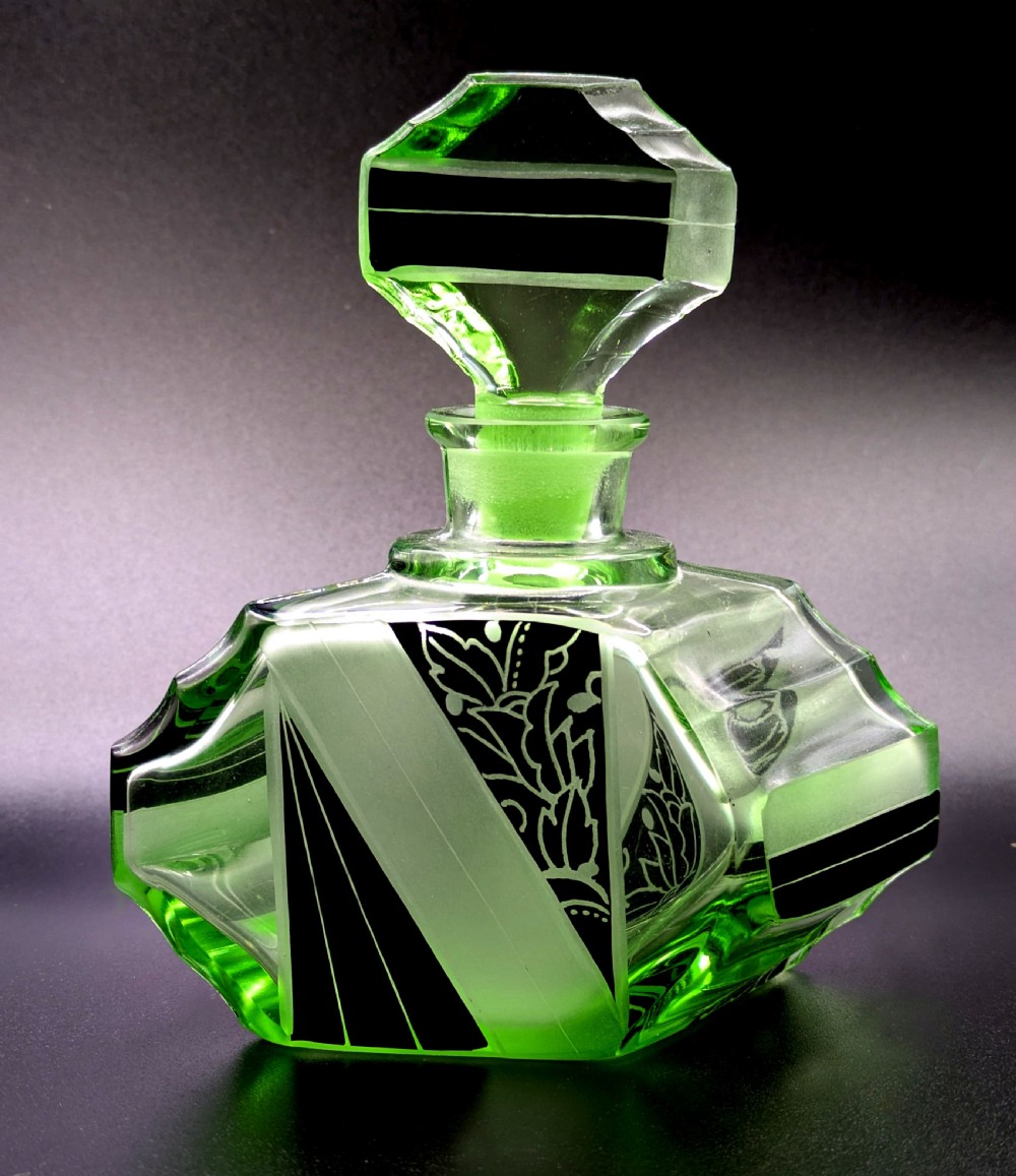 art deco green glass perfume bottle by karl palda c1930