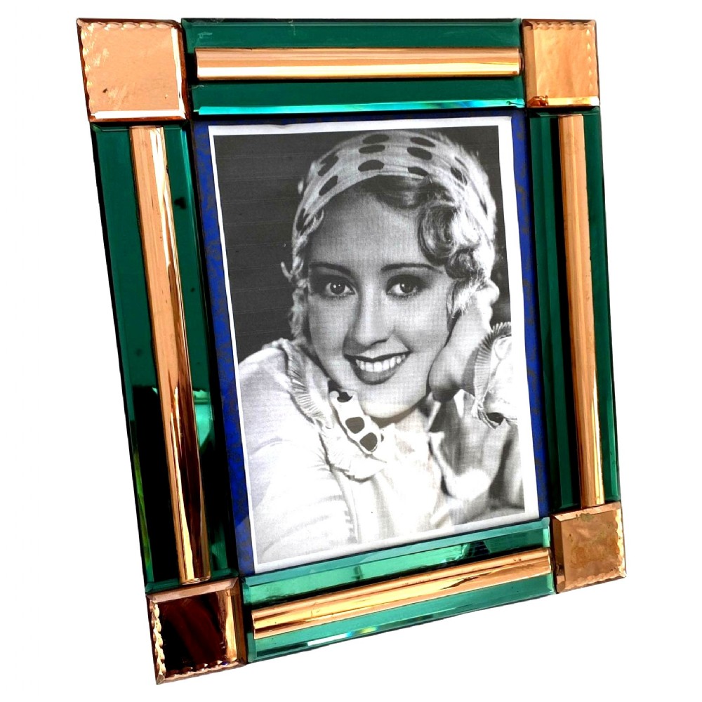 art deco original peach green mirrored bevelled glass picture frame c1930