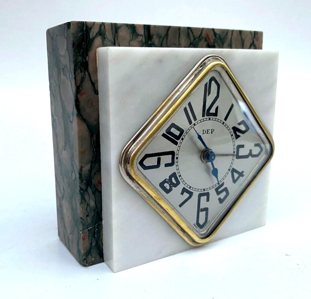 stylish art deco small marble chrome clock with alarm by dep french c1930